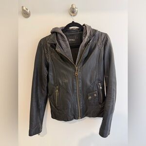 Doma Women's Black Leather Jacket with Removable Grey Hoodie